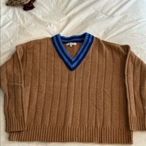 Madewell women’s stylish Tan V-Neck Sweater with Blue Accents